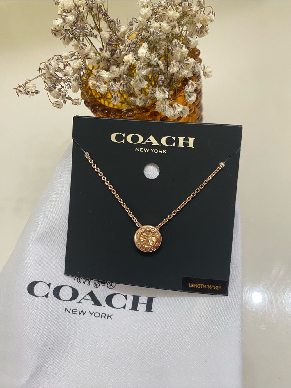 COACH Rose Gold Logo Disc Pendant Necklace